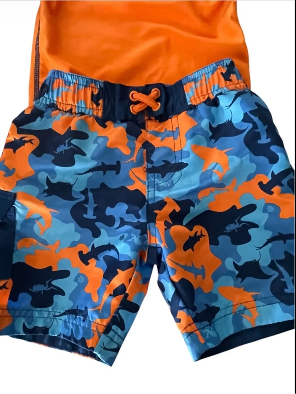 UVSkinz Orange Rash Guard Set with Blue & Orange Shark Camo Swim Trunks